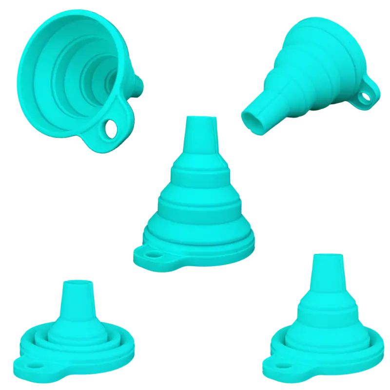 Collapsible turquoise silicone funnel for first responders, firefighters, and police use