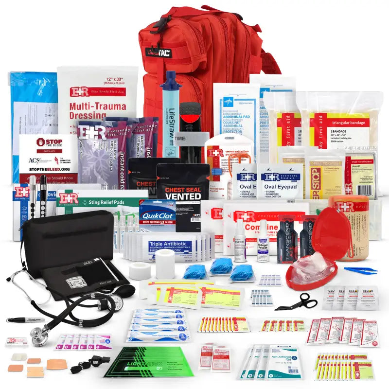 Comprehensive tactical trauma kit with rucksack for emergency first aid preparedness