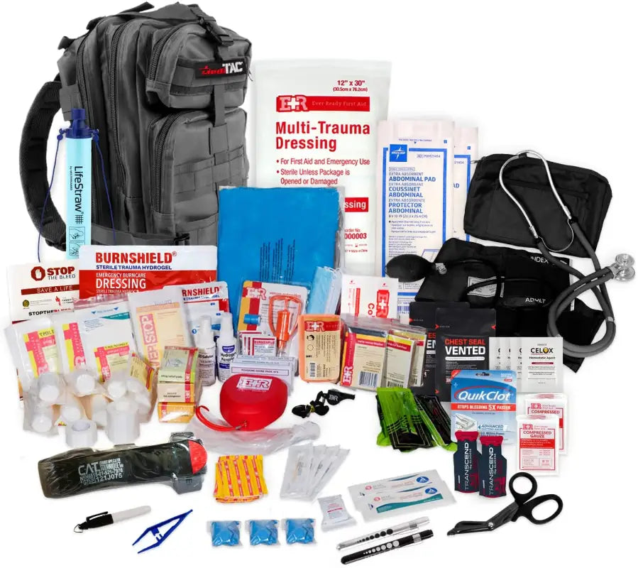 Comprehensive tactical trauma kit with rucksack for emergency first aid and trauma care