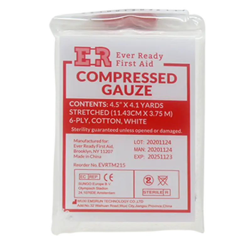 Compressed gauze bandage from Intermediate Bleeding Control Pack for first responders and firefighters