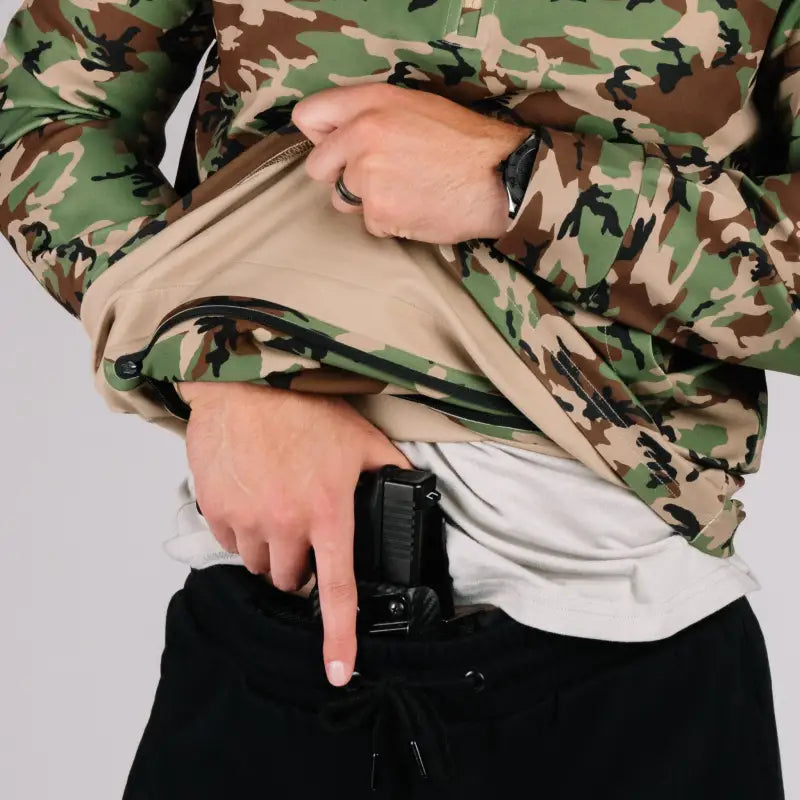Durable concealment hoodie with hand pocket for smooth draws and discreet storage