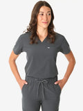 Dark gray women’s tuckable one-pocket scrub top with v-neck and drawstring pants