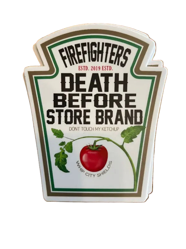 Sticker design with Firefighter’s Death Before Store Brand text and apple graphic in tombstone shape
