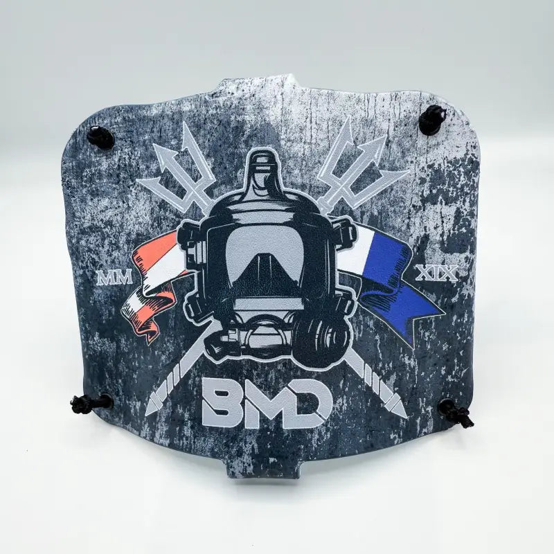 Decorated gray scuba diving mask protector from BA SHIELDS FFM Shield for first responders