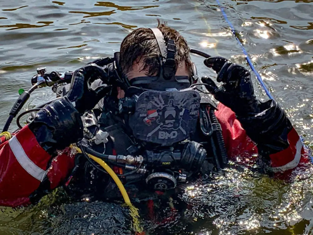 Diver in full gear wearing BA SHIELDS FFM Shield for first responders, firefighter, police