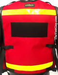 Red EMS reflective vest with yellow stripes and lower pockets for added utility