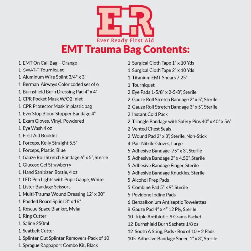 EMT trauma bag contents list for fully stocked trauma kit ideal for first responders and firefighters