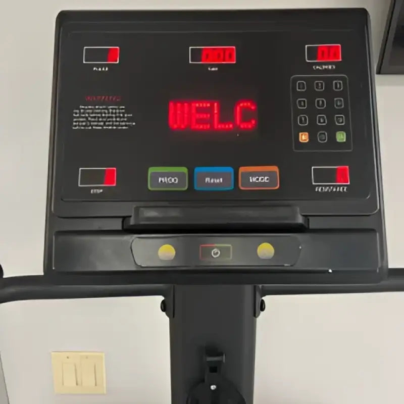 Exercise bike console of SFE Stepmill Pro featuring revolving staircase and performance monitor