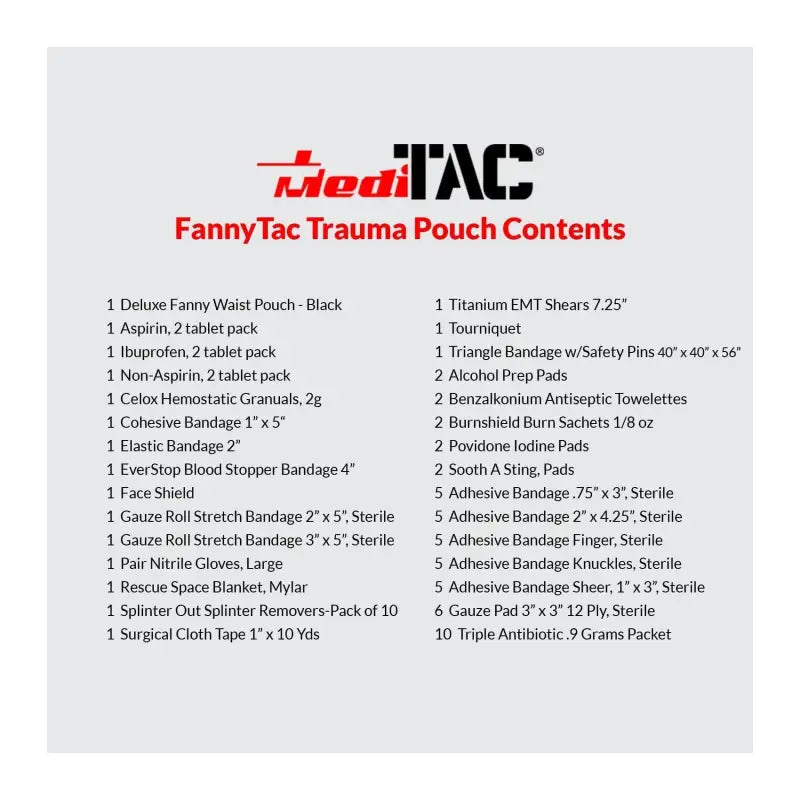 Fanny pack trauma kit contents in a waist pouch for first responders and firefighters