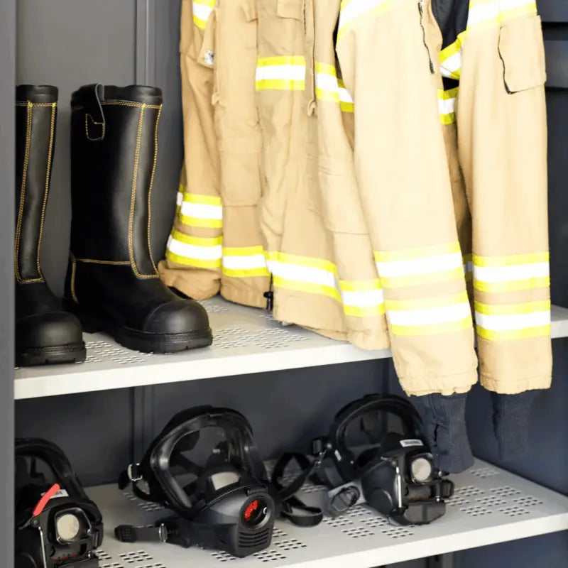 Firefighter gear stored in Smart-Dry 4 All-Purpose Drying Cabinet featuring Four Dry Kwik coat