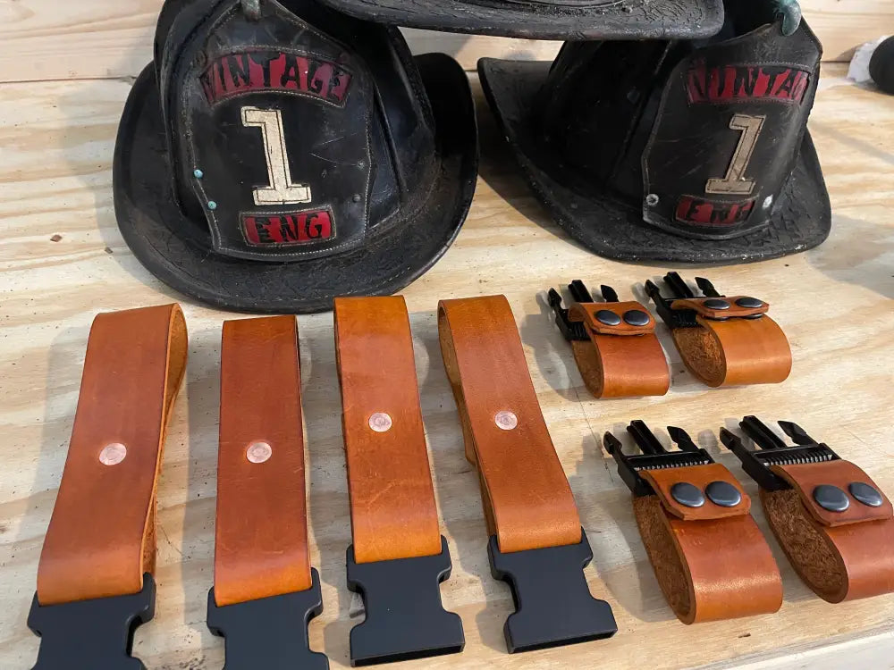 Firefighter helmets and leather straps for Box Light Quick Release safety gear