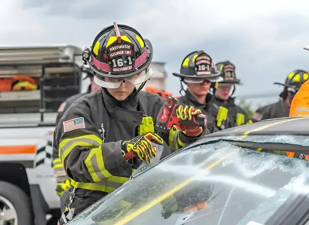 Firefighter using Crash Bag Kit to cut windshield for rescue in the ElitePlus+ Bag Kit