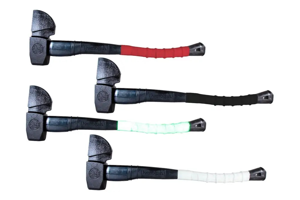 Four FireWrap® HRD sledgehammers with glow green grip handles in a kit sold
