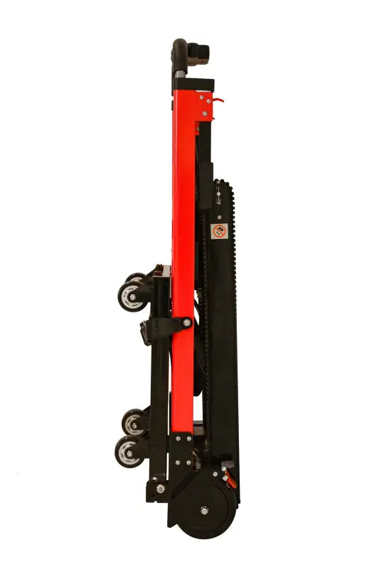 Folded red and black stair climbing hand truck dolly for easy transport in LINE2design-USA Electric Stair Climbing Hand Truck Dolly, 160W