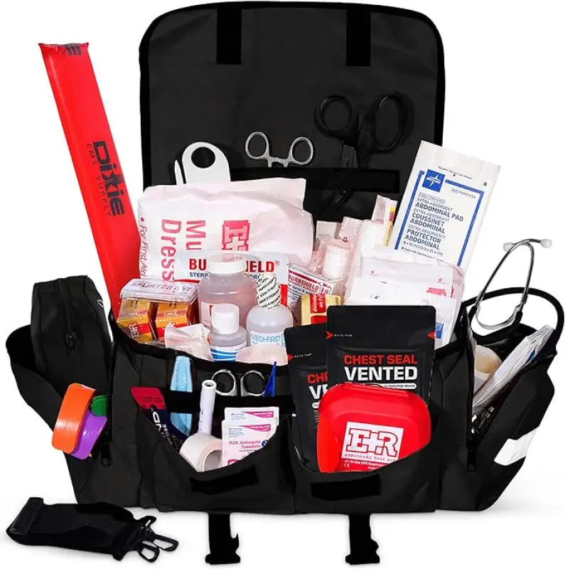 Fully stocked black EMT Trauma Kit ideal for first responders, firefighters, and police