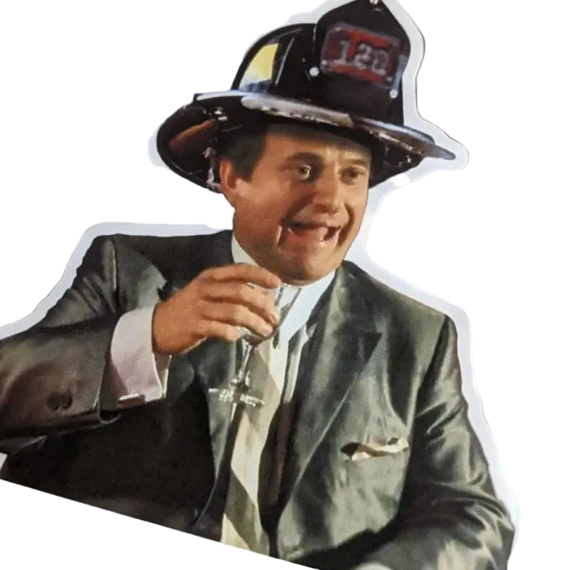 Smiling firefighter in a suit with champagne glass, featured on Funny How Sticker
