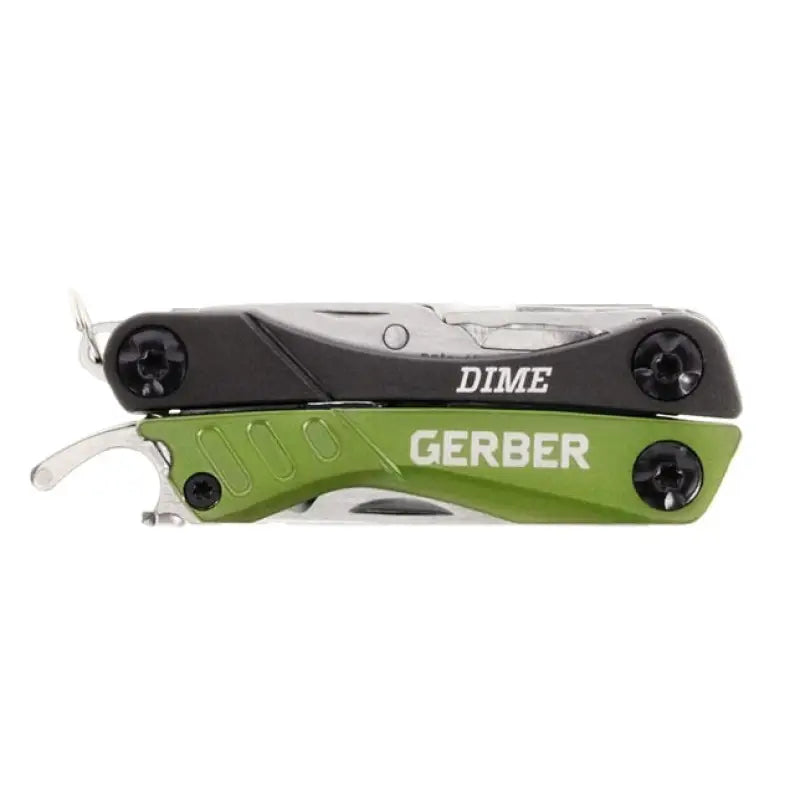 Gerber Dime multi-tool in green with stainless steel construction and limited lifetime warranty