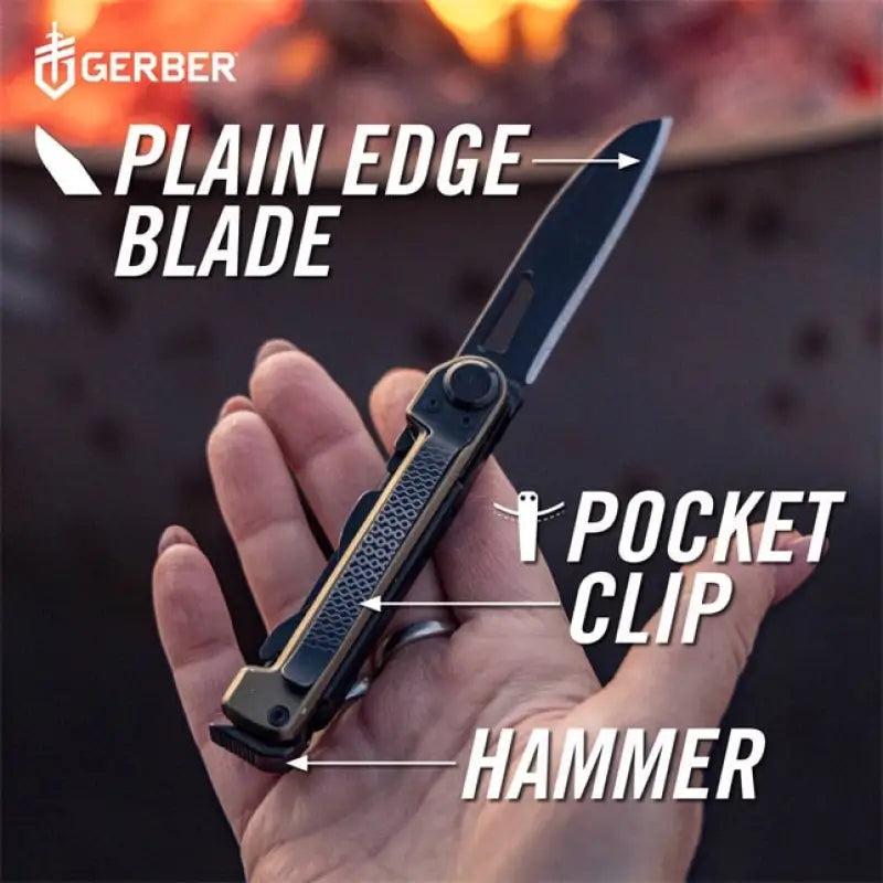 Gerber Gear 1064397 Armbar Scout onyx with plain edge blade, pocket clip, and hammer