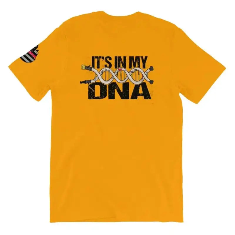 Gold short sleeve t-shirt featuring IT’S IN MY DNA text and DNA helix graphic design