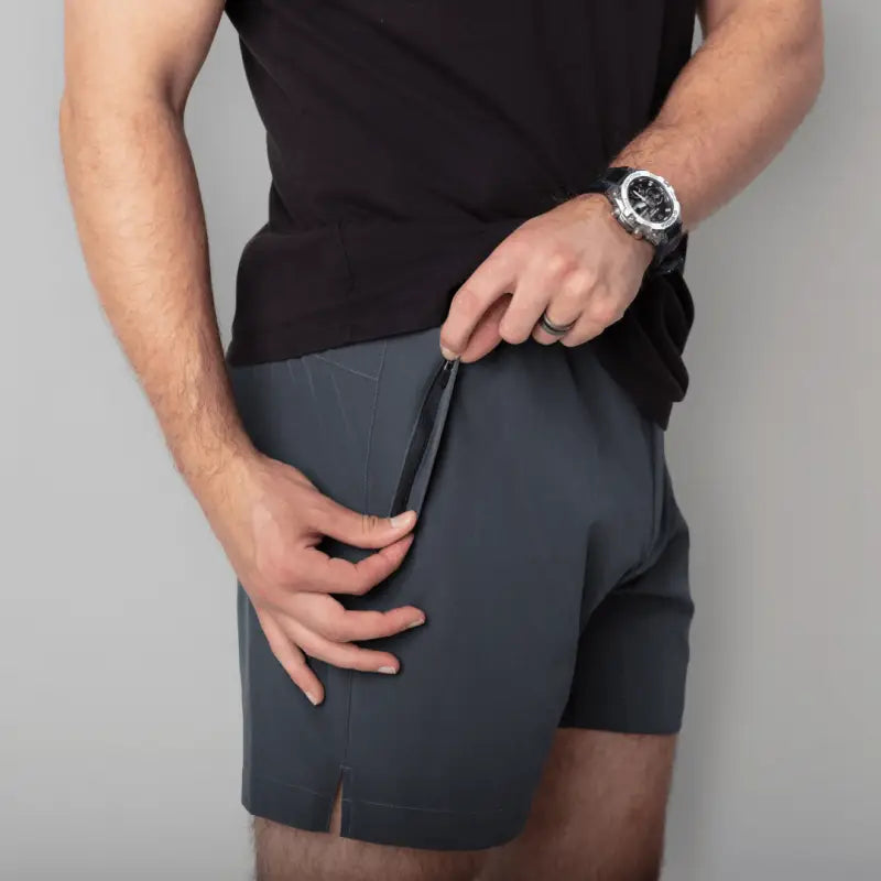 Gray Carrier Training Shorts Mk.II with zippered pocket featuring concealed carry suitability