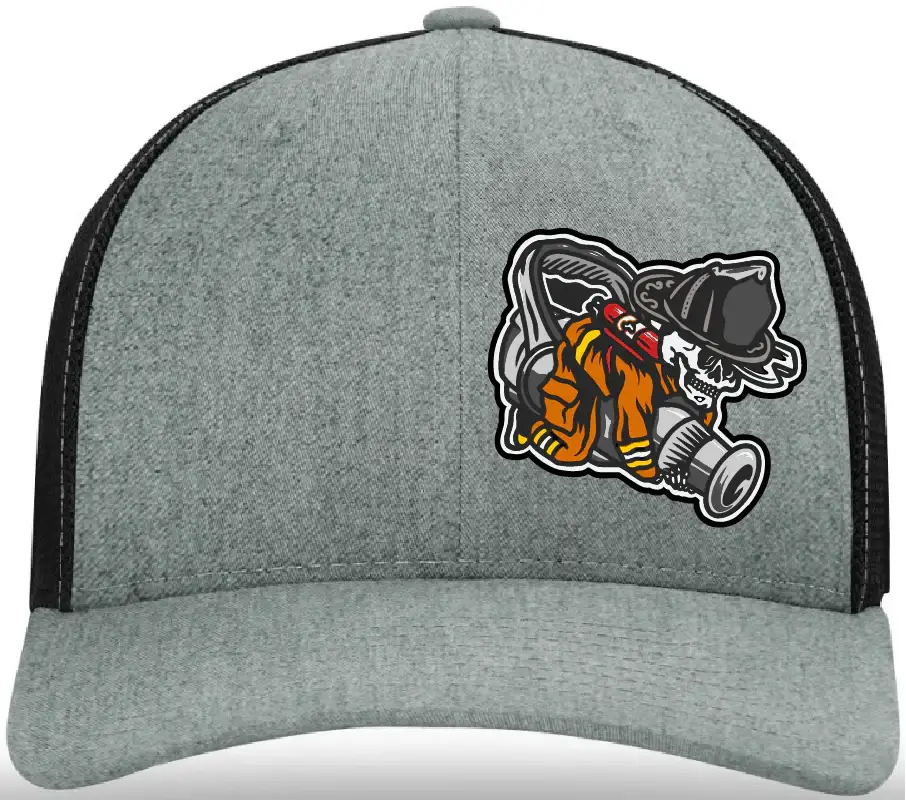 Gray and black trucker hat with Straight Stream Psycho Leather Patch for casual style