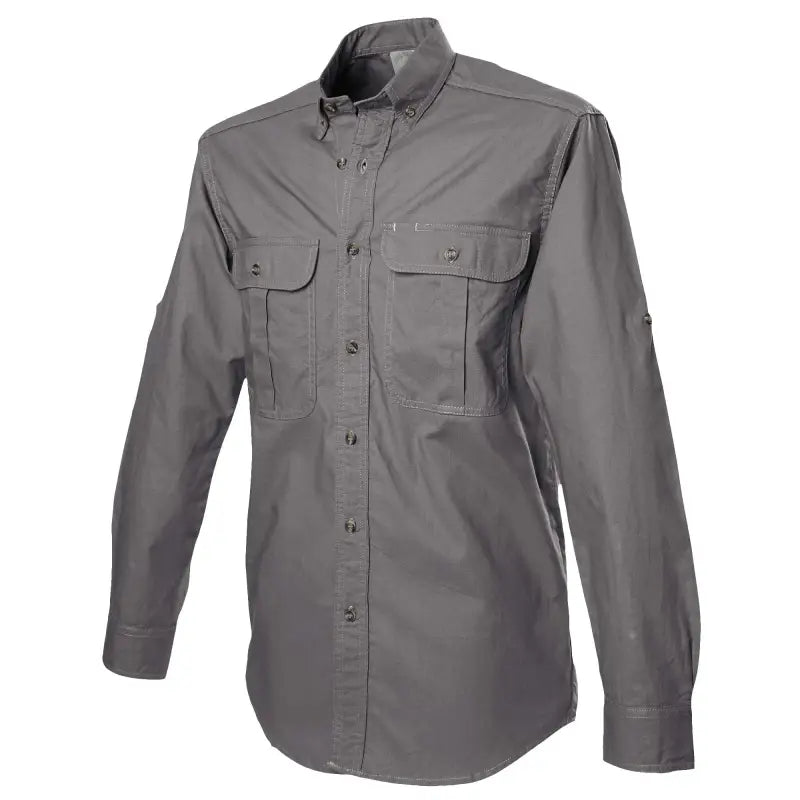 Gray safari shirt for men with two chest pockets and long sleeves for outdoor essentials