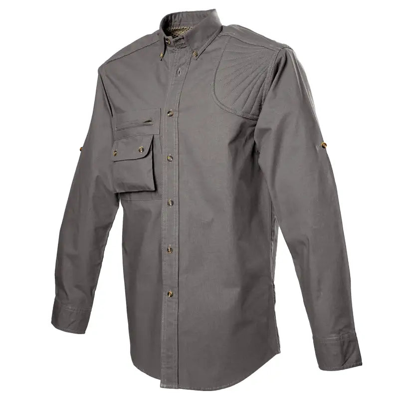 Gray Left-Hand Hunter Shirt for Men with quilted shooter patch and roll-up sleeves