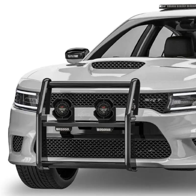 Gray car with black grille guard featuring Feniex Triton 100W speaker for enhanced sound