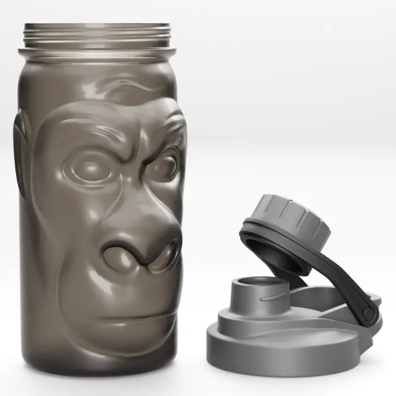 Gray gorilla-shaped water bottle with open lid, Harambe Shaker Bottle for hydration
