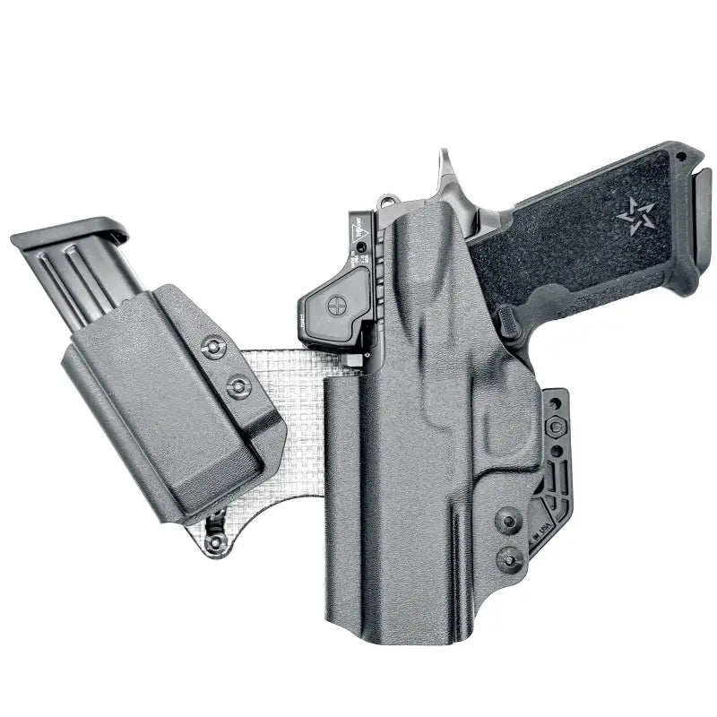 Gray gun holster with magazine carrier on 4BROS Fat Guy’s Appendix Rig for concealed carry