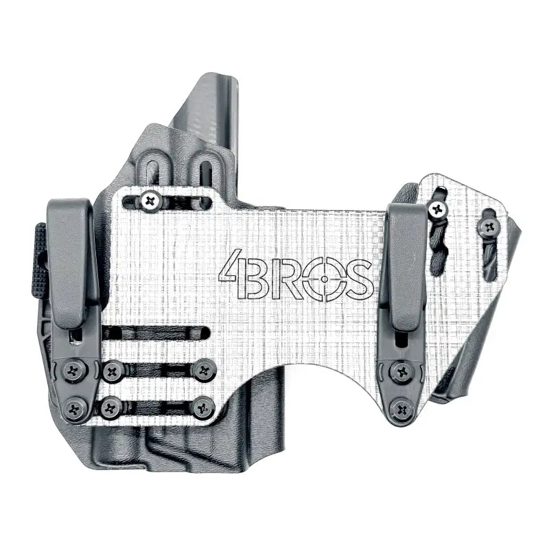 Gray gun holster with metal attachment on 4BROS Fat Guy’s Appendix Rig showing magazine carrier