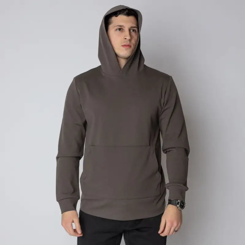 Gray hooded sweatshirt in Durable Concealment Hoodie with hand pocket and smooth draws