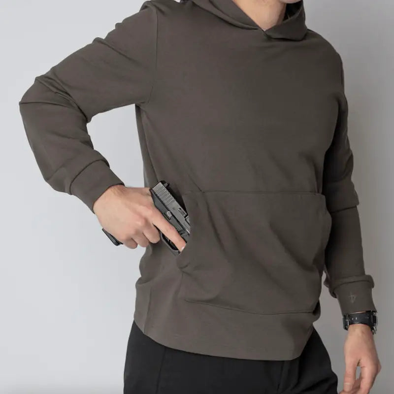 Gray Durable Concealment Hoodie with a hand pocket and smooth draws for discreet carry