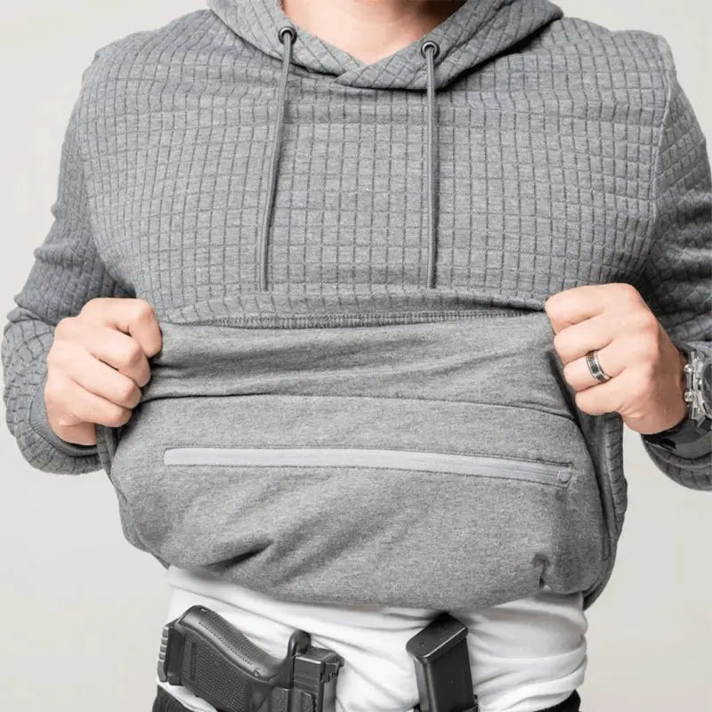 Gray hoodie with concealed carry and hand pocket from the Standoff Concealment Hoodie Mk.II