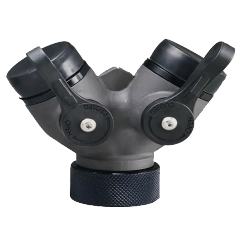 Gray fire hose wye with shutoff valves for firefighters and first responders safety