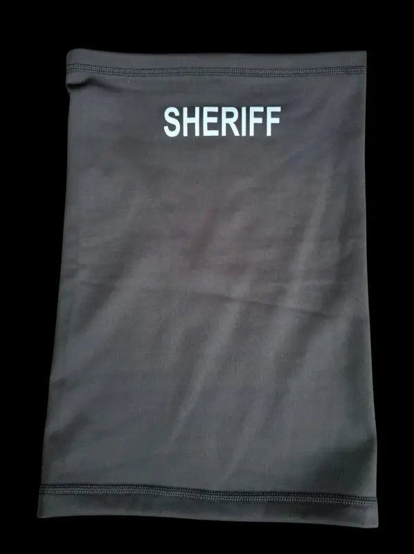 Gray fleece lined neck gaiter with SHERIFF text for first responders and firefighters