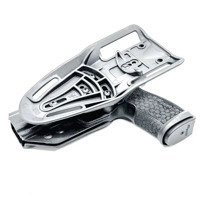 Gray pistol in a gray holster for Sig Sauer P365-XMacro Comp, P365-XMacro holster