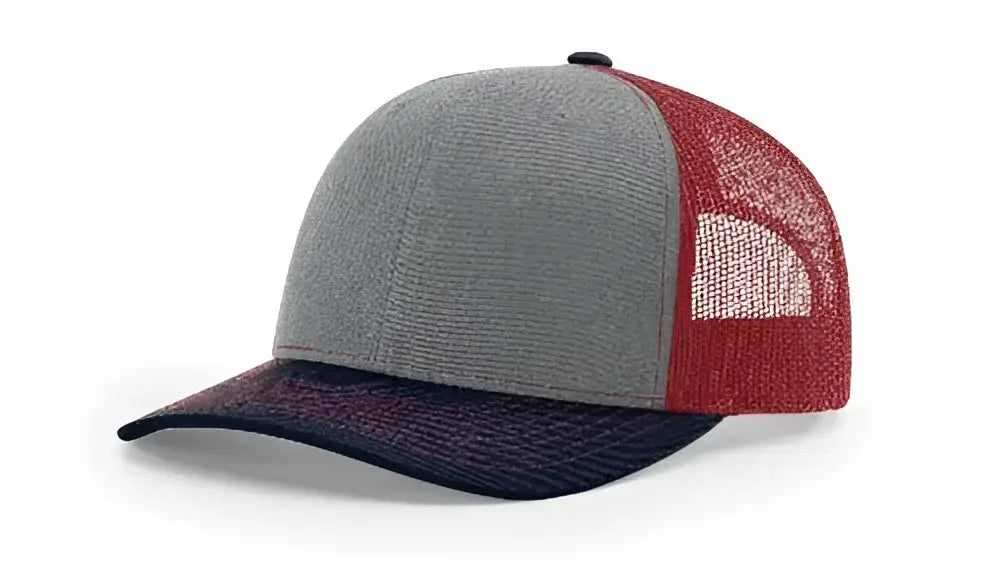 Gray and red trucker hat with leather patch and American flag, fits various head sizes