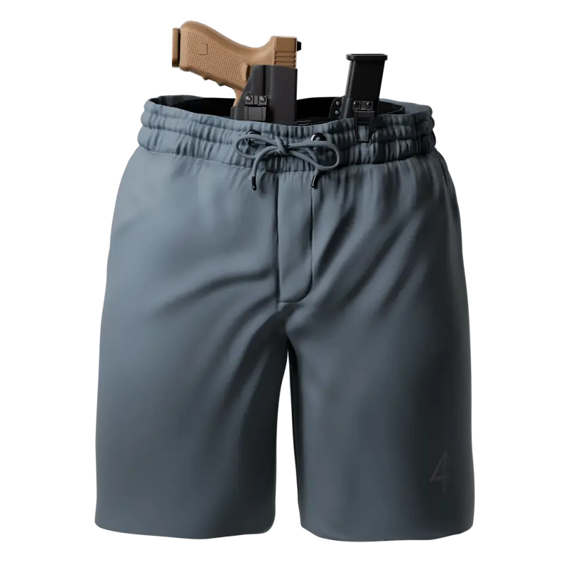 Gray carrier shorts with concealed carry holster by Arrowhead Tactical Apparel