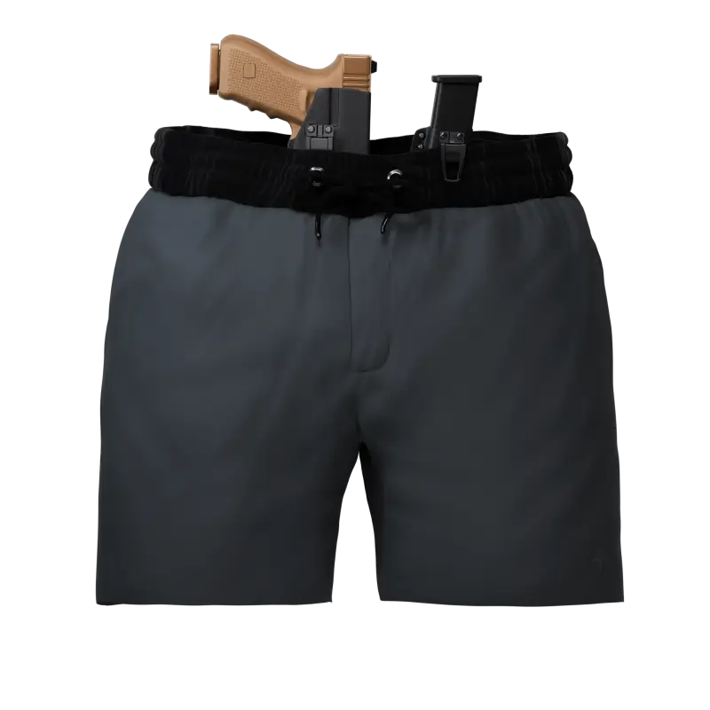Gray carrier training shorts with a tan pistol for concealed carry and training