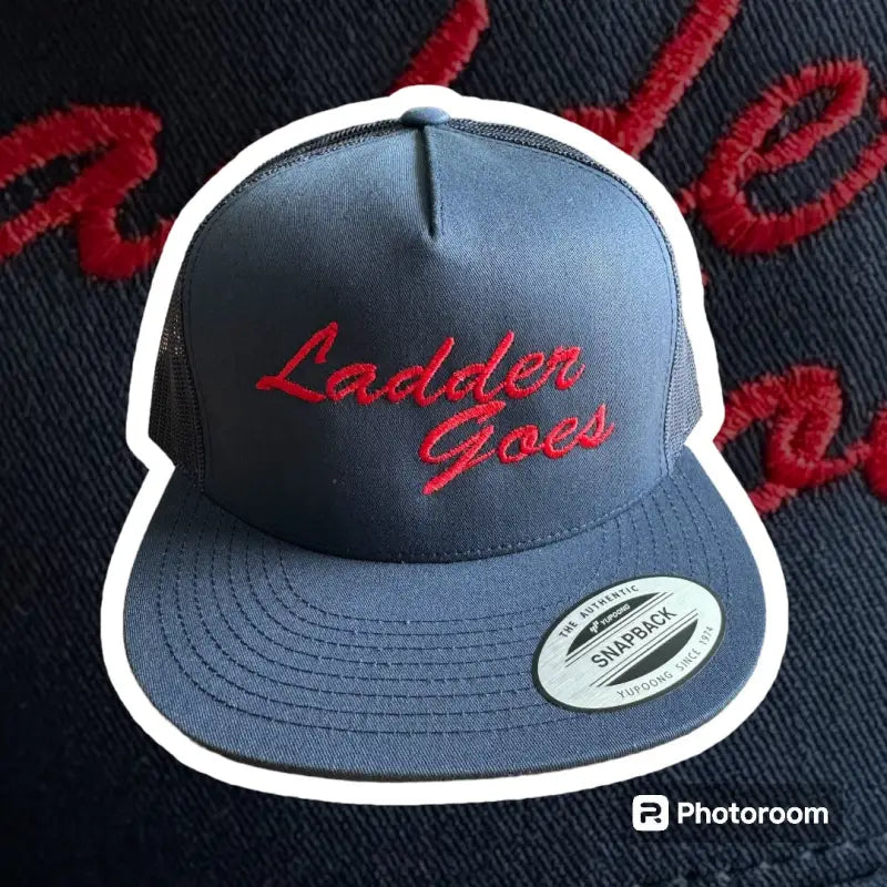Gray Ladder Goes Hat featuring red embroidered text for first responders