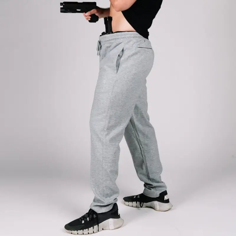 Gray Carrier Sweatpants Mk.II with patented carrier retention waistband and black shoes