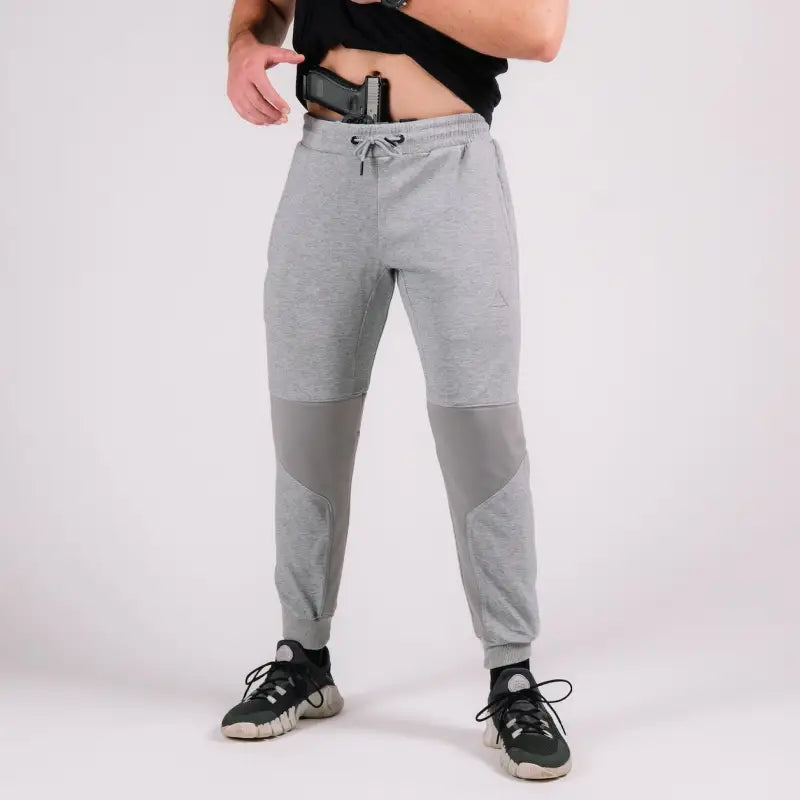 Gray Carrier Joggers Mk.II with knee patches designed for concealed carry and carrier retention