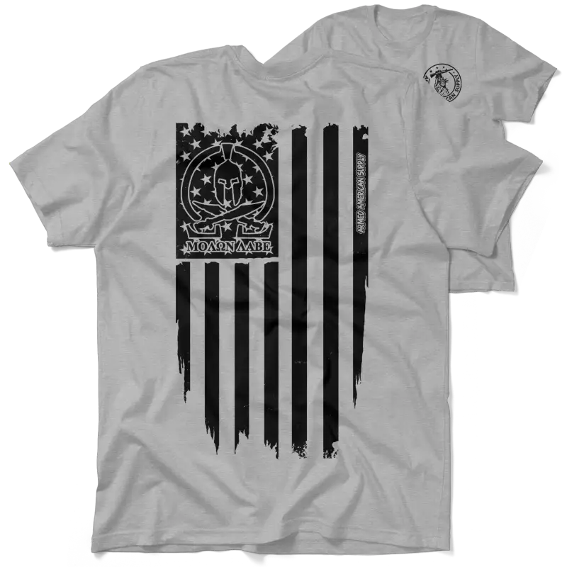 Gray t-shirt featuring American flag design from Molon Labe Ghost collection
