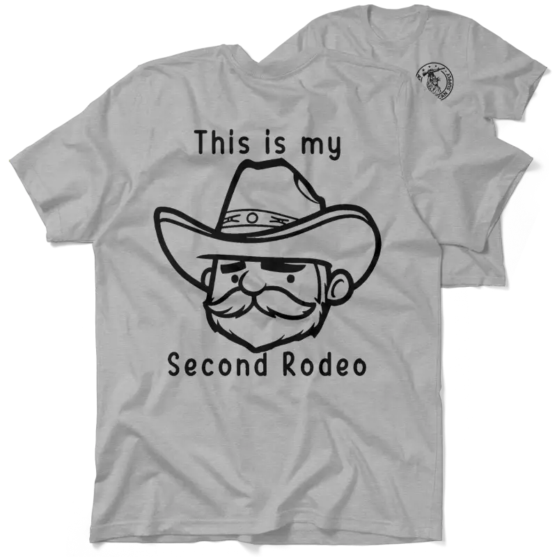Gray t-shirt with cowboy graphic from My Second Rodeo Safety Yellow T-Shirt collection