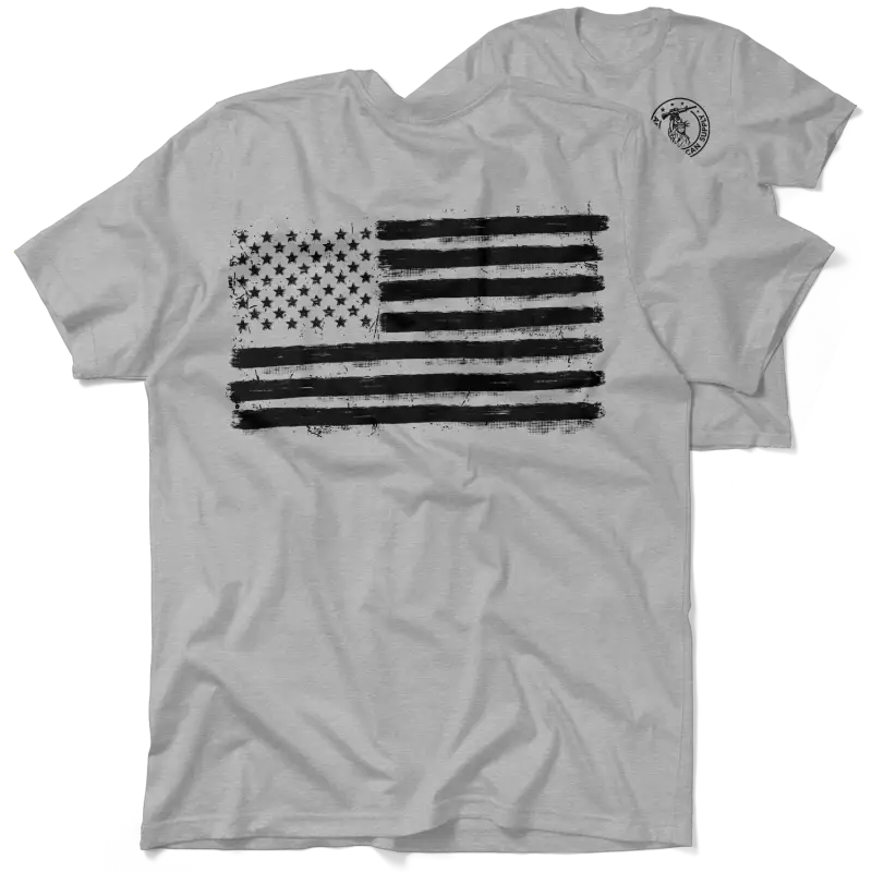Gray t-shirt with distressed American flag on Old Glory safety yellow hi-vis t-shirt