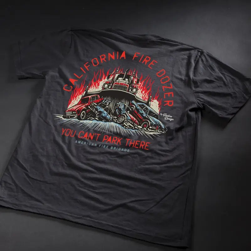 Gray California Fire Dozer Tee featuring fire dozer graphic for first responders and firefighters