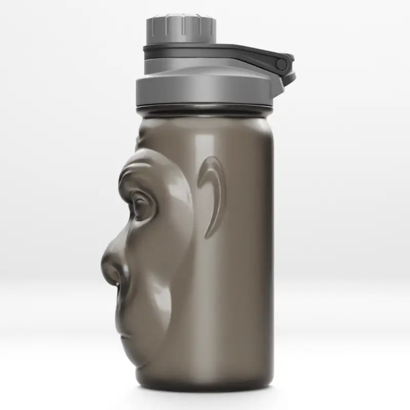 Gray water bottle with sculpted ape face, Harambe Shaker Bottles, shaker bottle featuring Harambe design