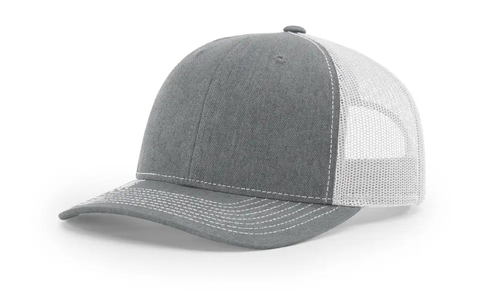 Gray and white trucker hat with Red Line leather patch for casual style
