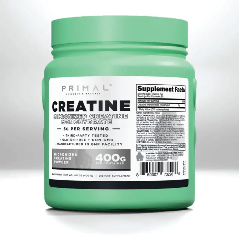 Green container of 80 Serving Micronized Creatine for athletes, first responders, firefighters, police